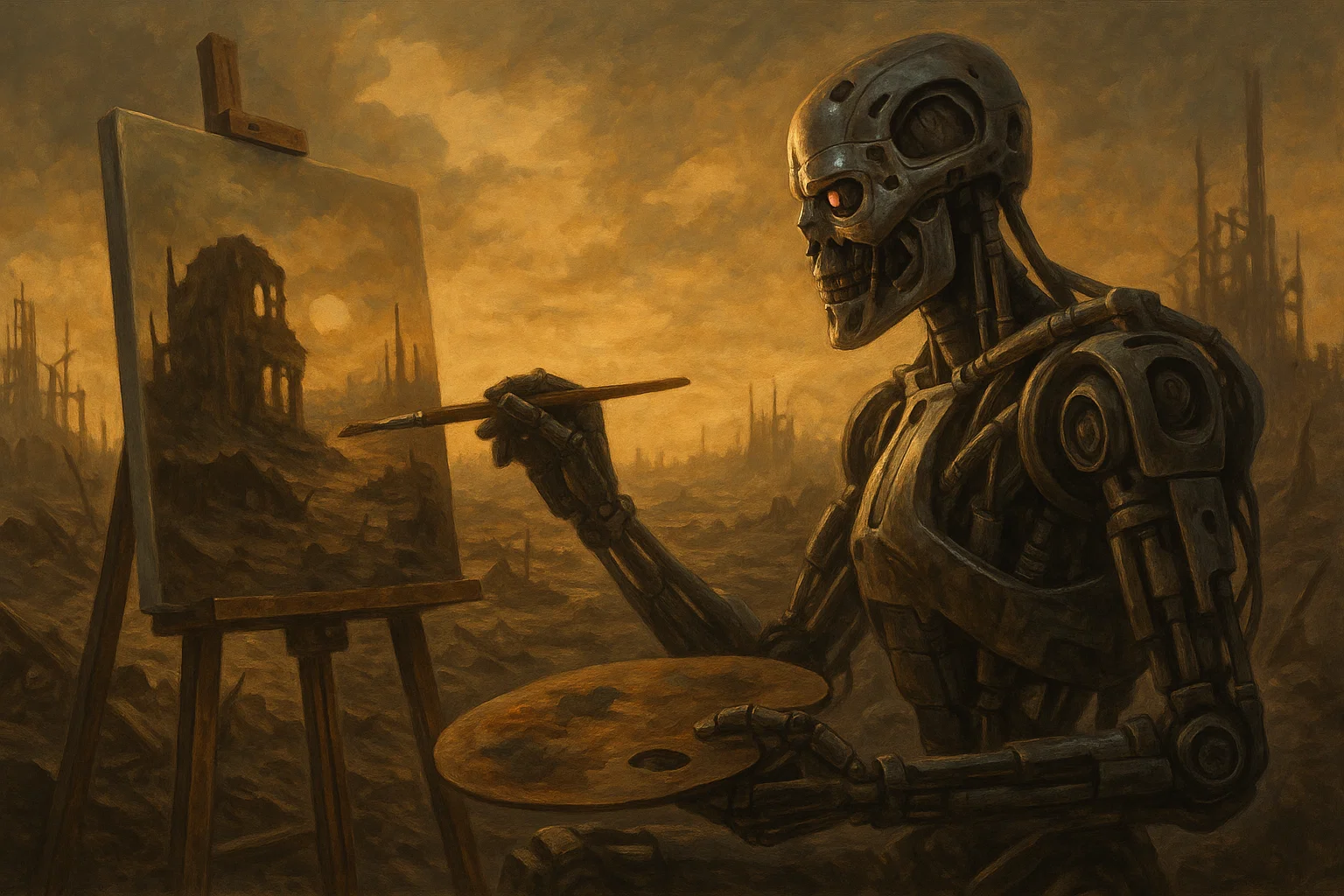 Robot painting a post-apocalypse landscape.